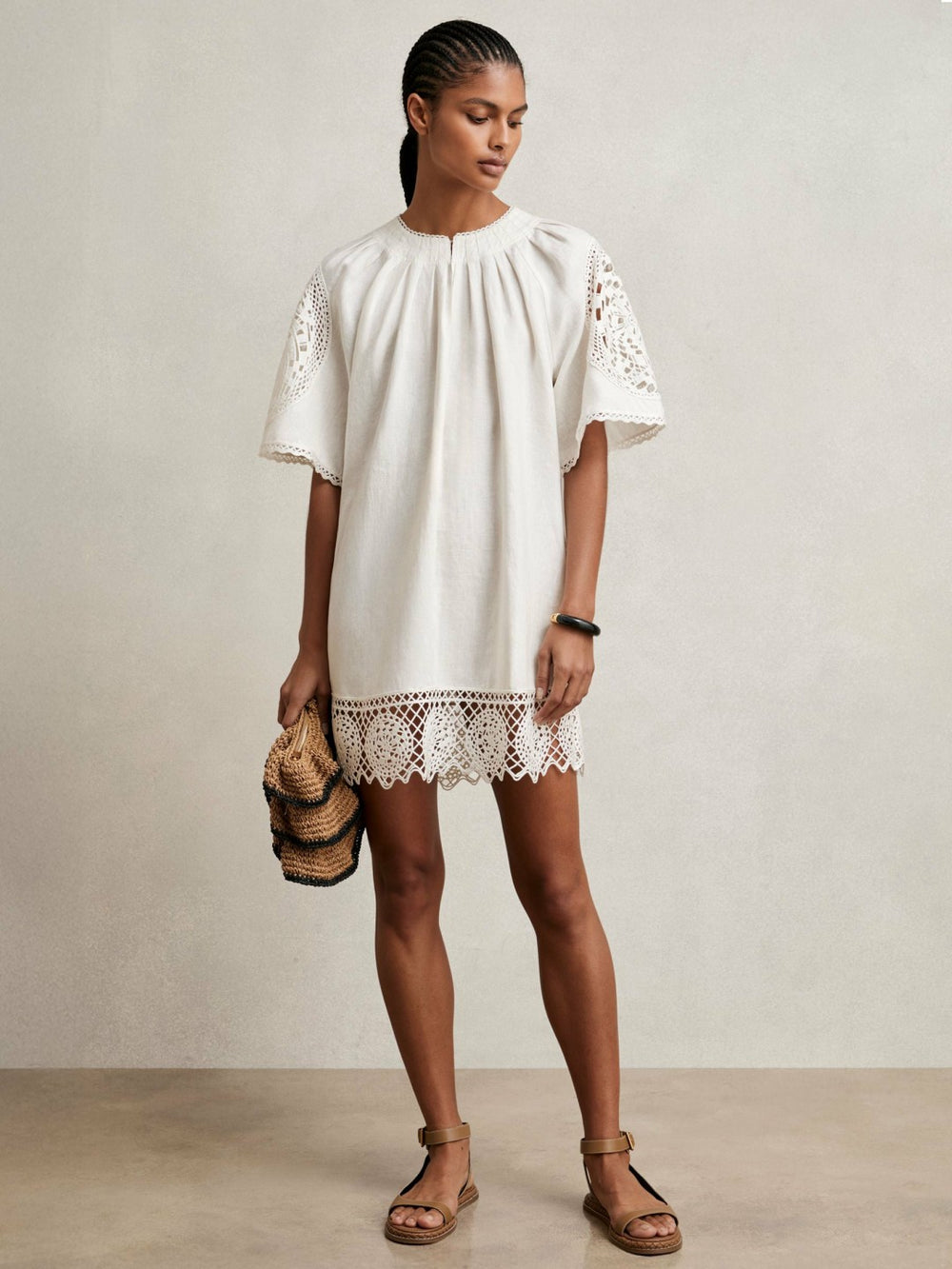 Women Linen Embroidered Shift Dress in Ivory