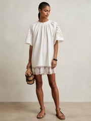 Women Linen Embroidered Shift Dress in Ivory