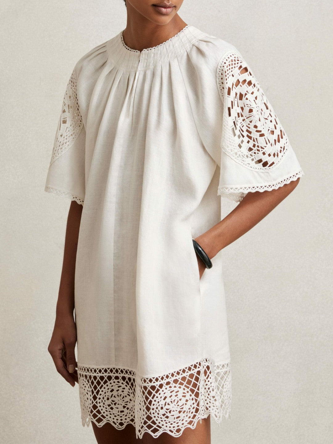 Women Linen Embroidered Shift Dress in Ivory