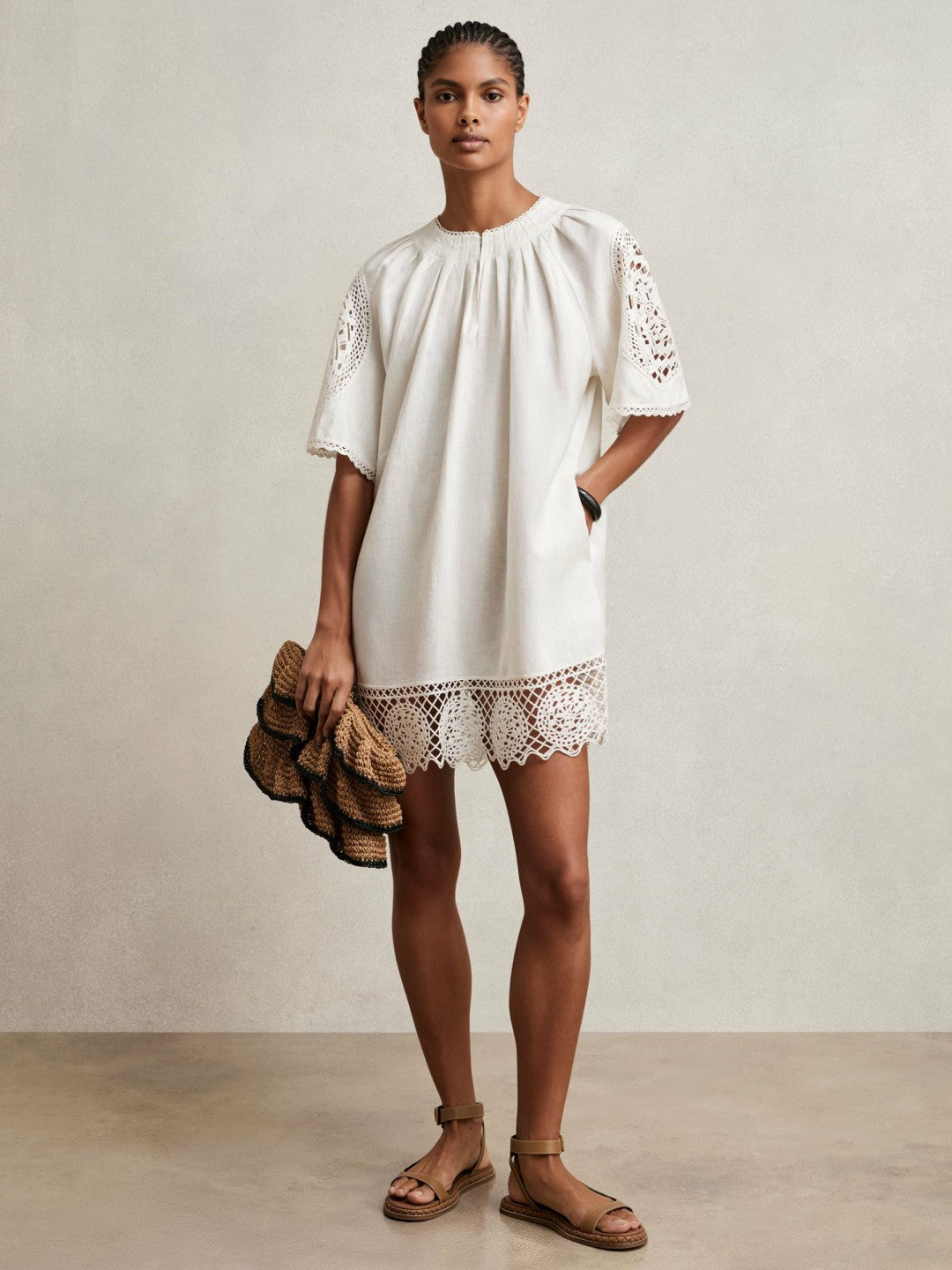 Women Linen Embroidered Shift Dress in Ivory