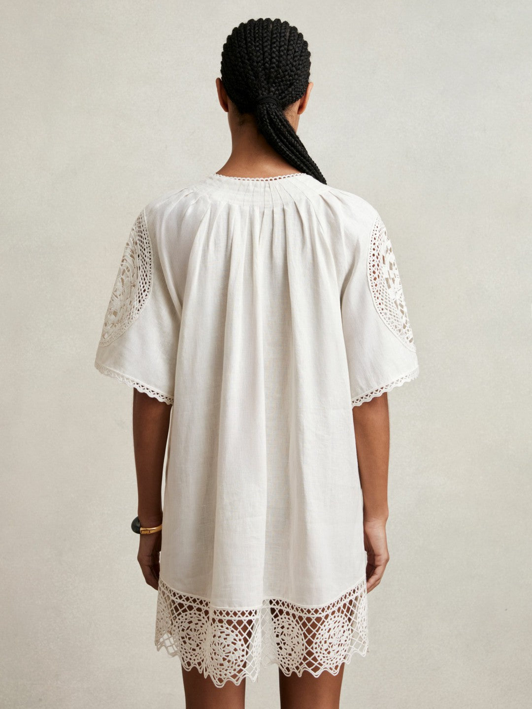 Women Linen Embroidered Shift Dress in Ivory