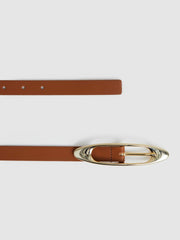 Women Leather Oval-Buckle Belt in Tan
