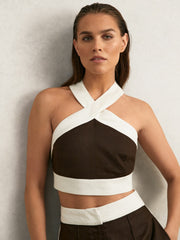 Women Linen Halterneck Cropped Top in Chocolate/Cream