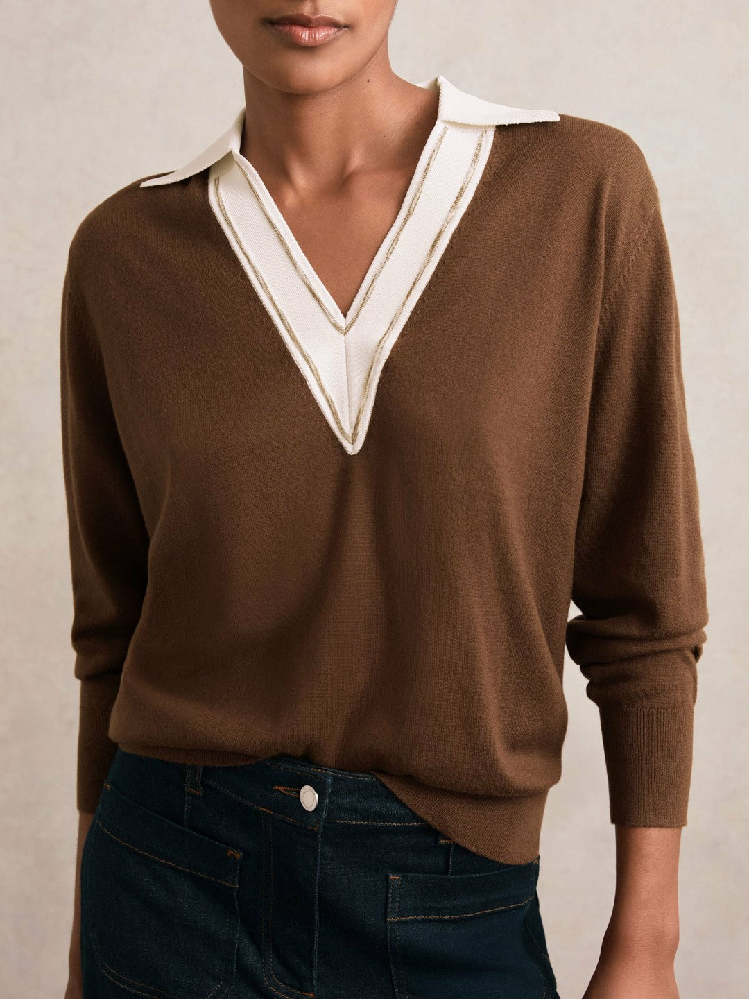 Women Wool Collared Cricket Jumper in Chocolate Brown/Ivory