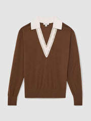 Women Wool Collared Cricket Jumper in Chocolate Brown/Ivory