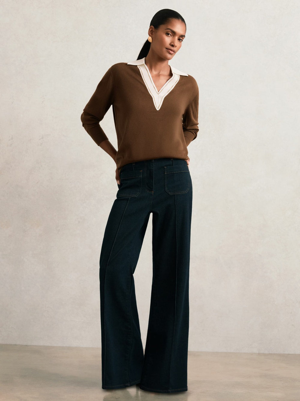 Women Wool Collared Cricket Jumper in Chocolate Brown/Ivory