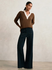 Women Wool Collared Cricket Jumper in Chocolate Brown/Ivory