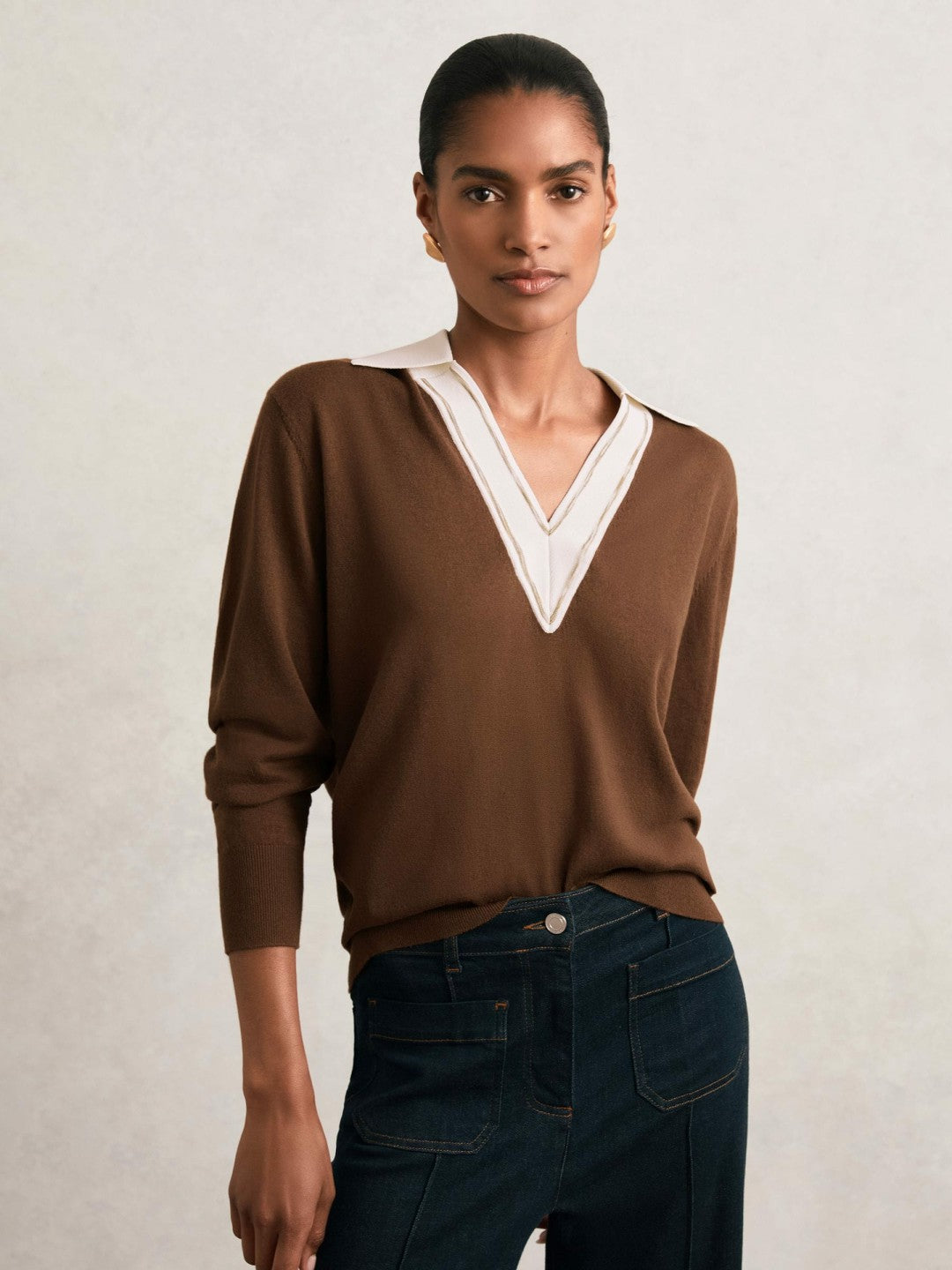 Women Wool Collared Cricket Jumper in Chocolate Brown/Ivory