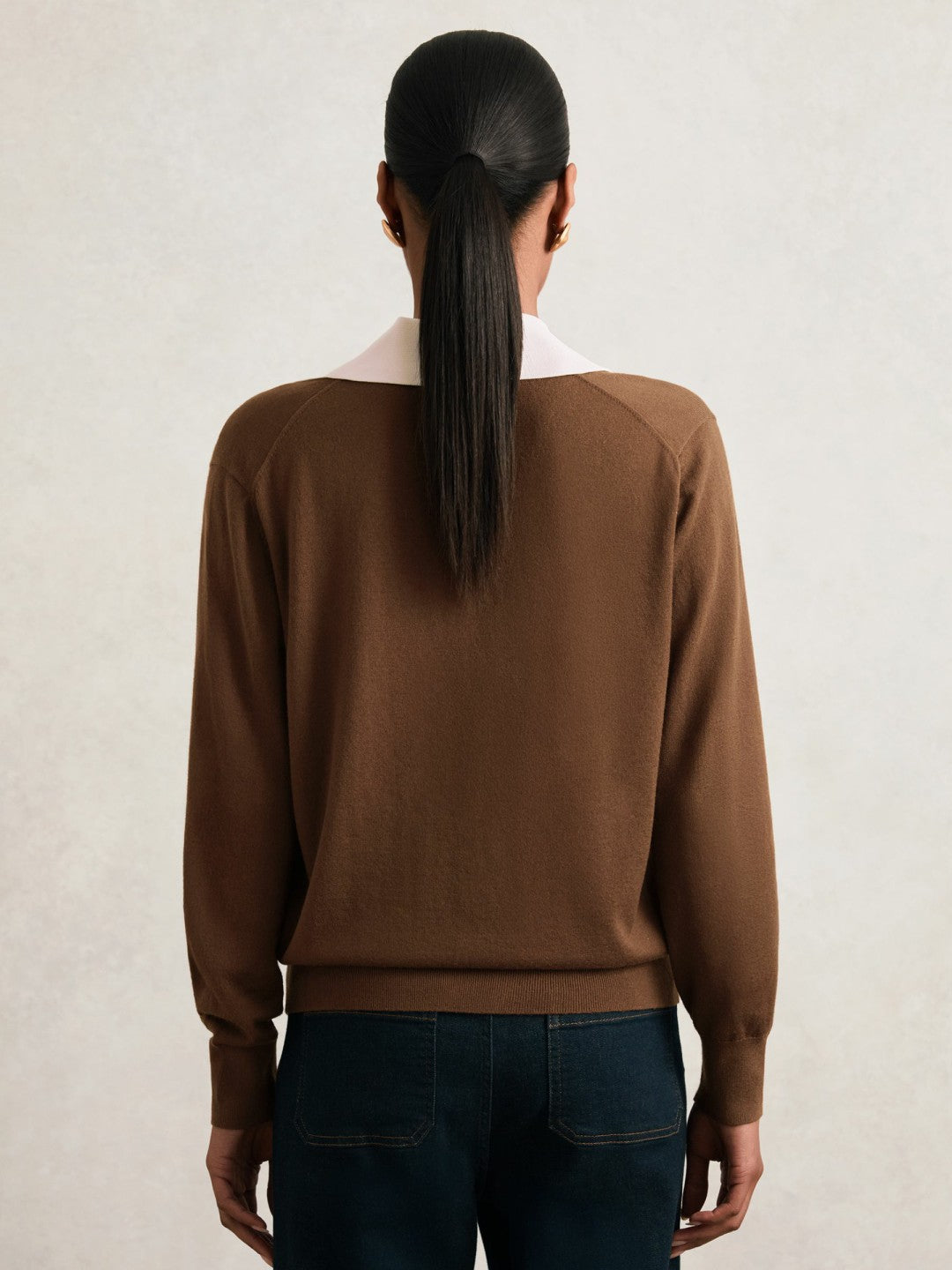 Women Wool Collared Cricket Jumper in Chocolate Brown/Ivory