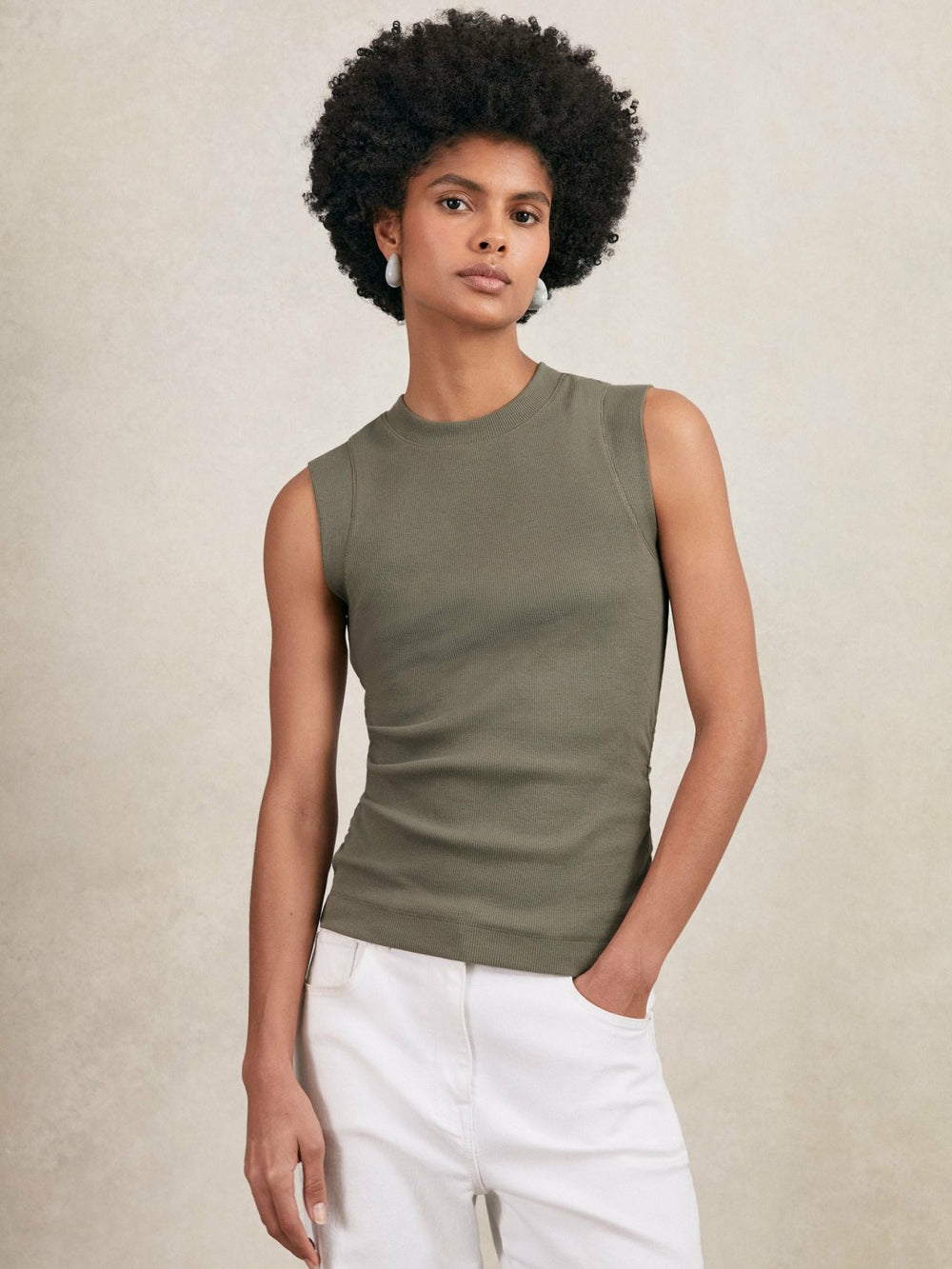 Women Ribbed Ruched Waist Vest in Khaki Green
