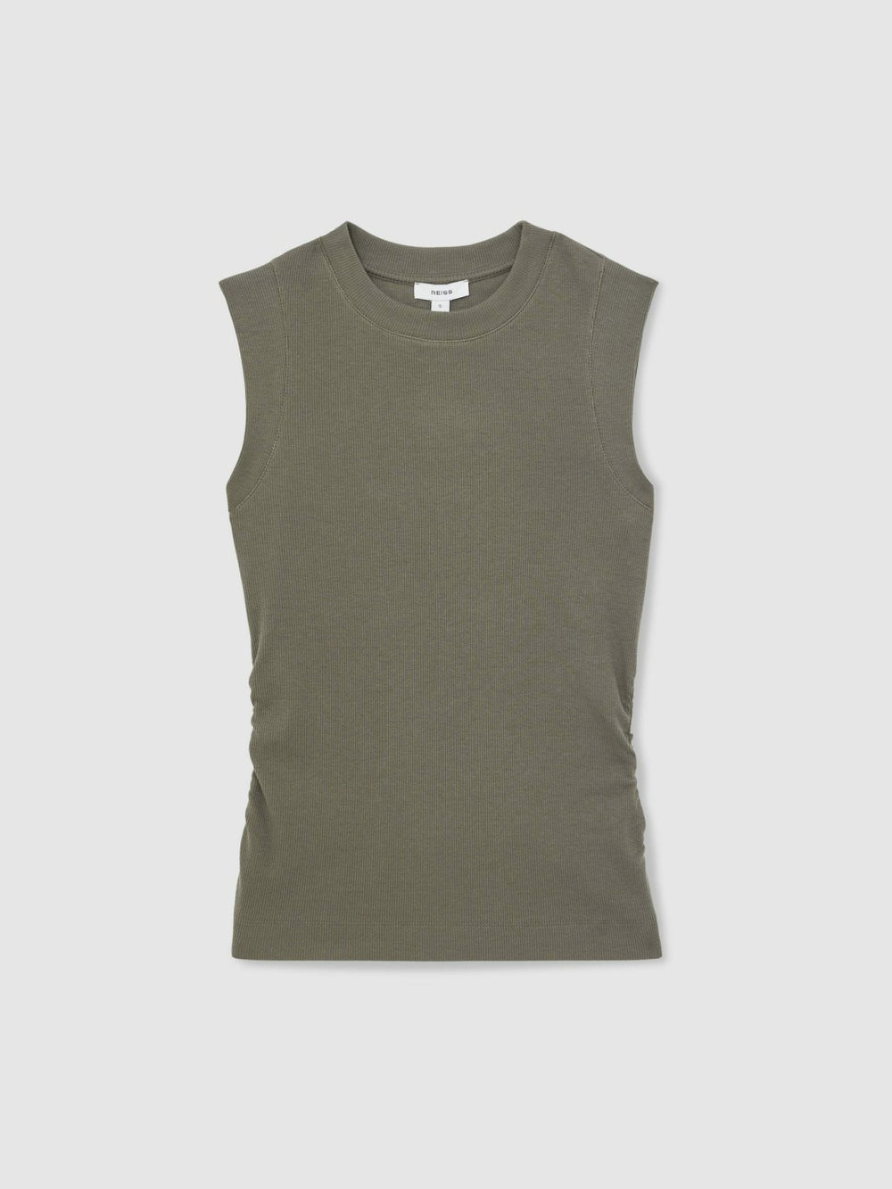 Women Ribbed Ruched Waist Vest in Khaki Green