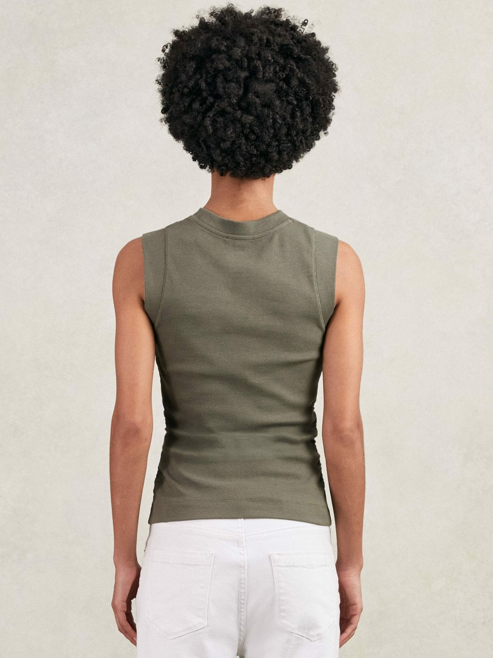 Women Ribbed Ruched Waist Vest in Khaki Green