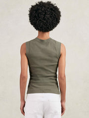 Women Ribbed Ruched Waist Vest in Khaki Green
