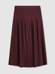 Women Pleated Midi Skirt in Burgundy