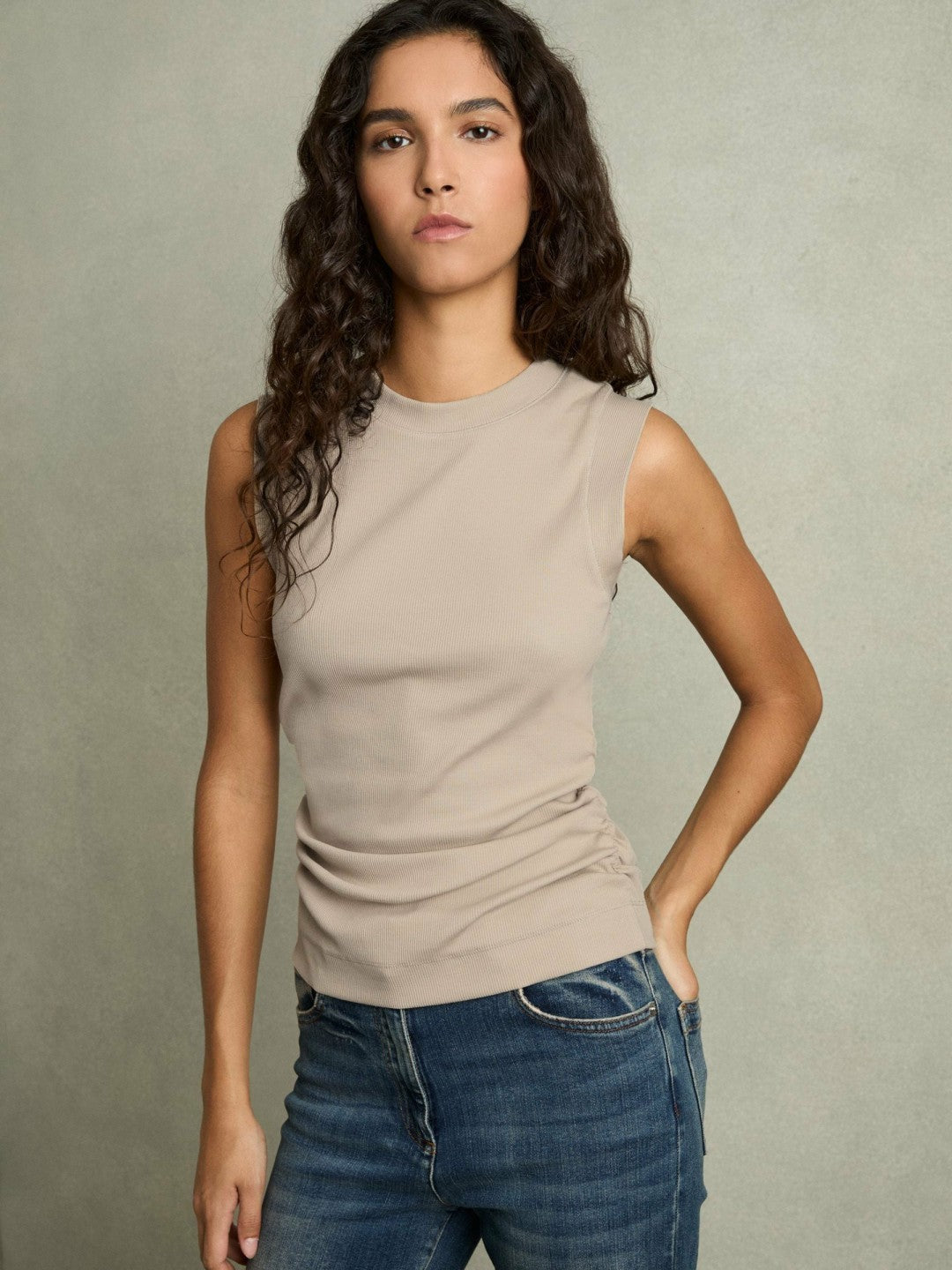 Women Ribbed Ruched Waist Vest in Camel