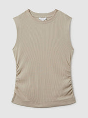 Women Ribbed Ruched Waist Vest in Camel