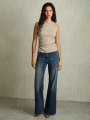 Women Ribbed Ruched Waist Vest in Camel