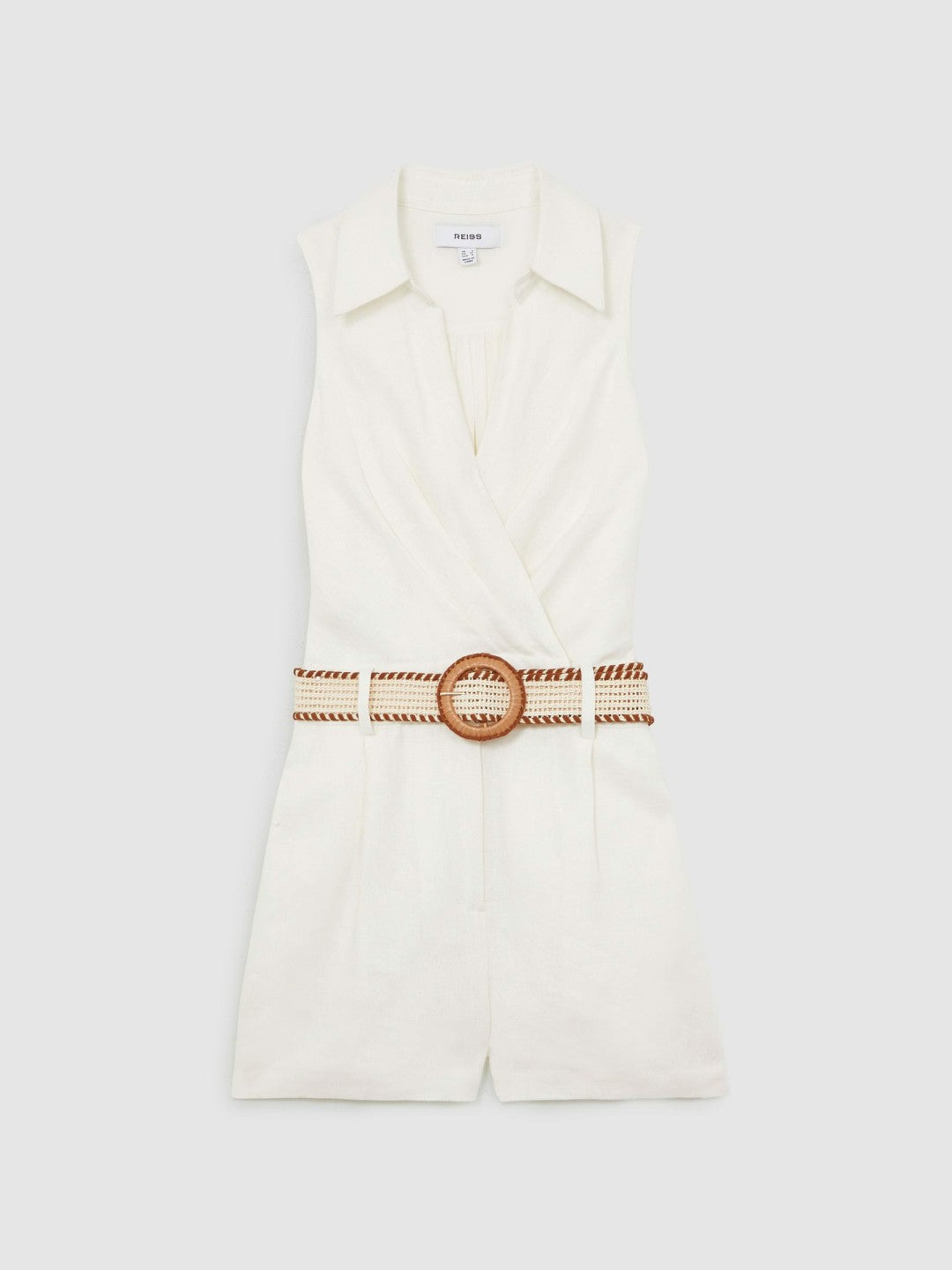 Women Linen Belted Sleeveless Wrap Playsuit in Cream