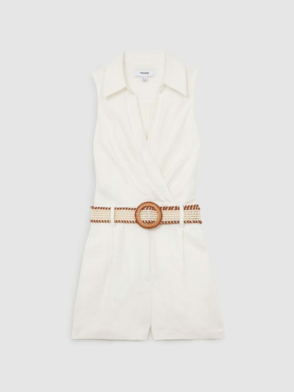 Women Linen Belted Sleeveless Wrap Playsuit in Cream