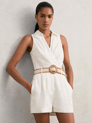 Women Linen Belted Sleeveless Wrap Playsuit in Cream