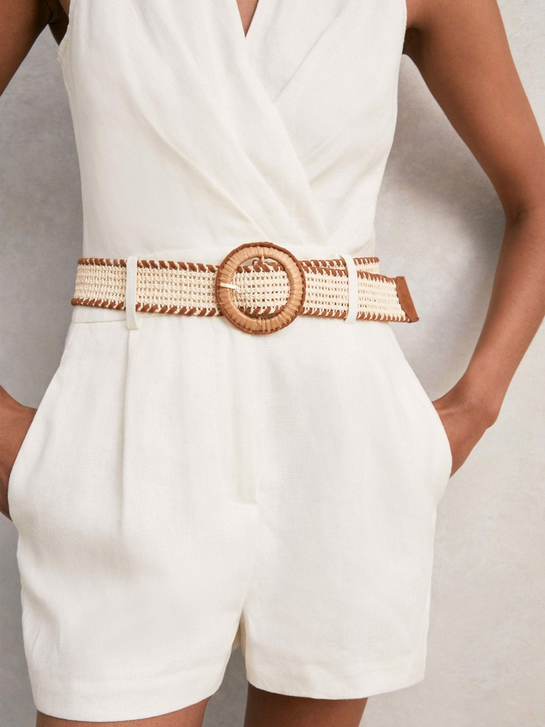 Women Linen Belted Sleeveless Wrap Playsuit in Cream