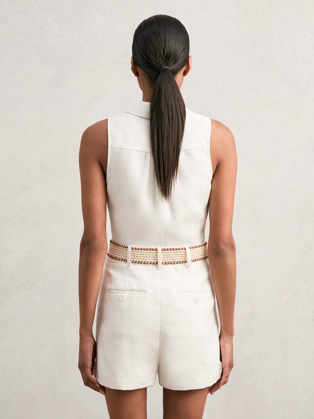 Women Linen Belted Sleeveless Wrap Playsuit in Cream