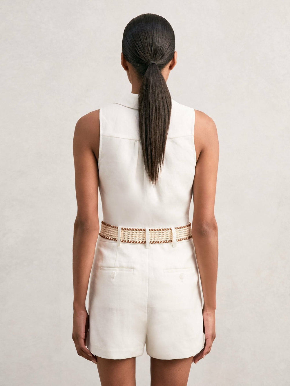 Women Linen Belted Sleeveless Wrap Playsuit in Cream