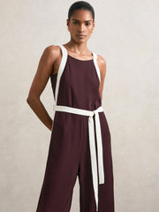 Women Petite Colourblock Wide Leg Belted Jumpsuit in Burgundy/Cream