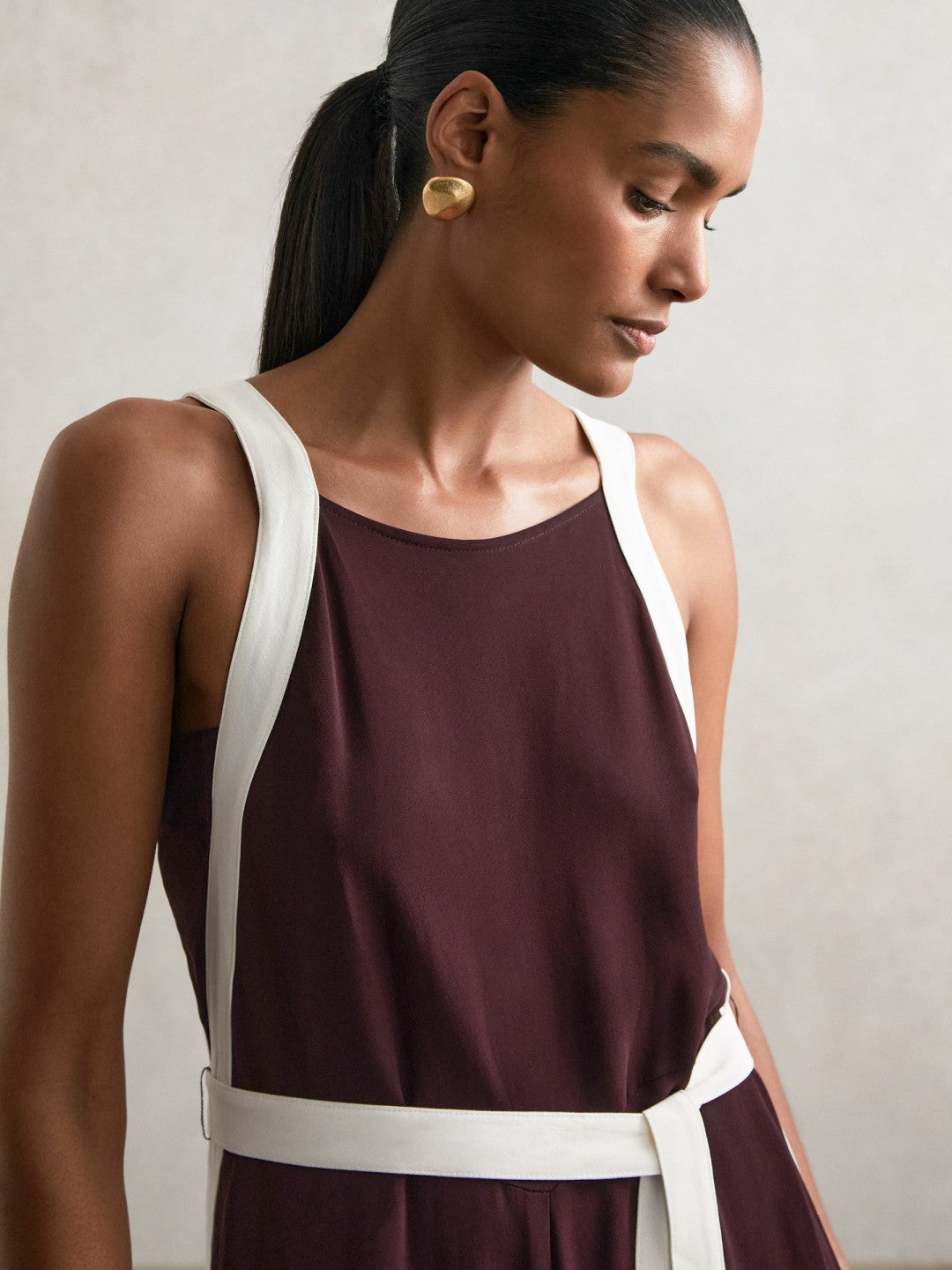 Women Petite Colourblock Wide Leg Belted Jumpsuit in Burgundy/Cream