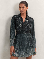 Women Printed Pleated Shirt Dress in Navy