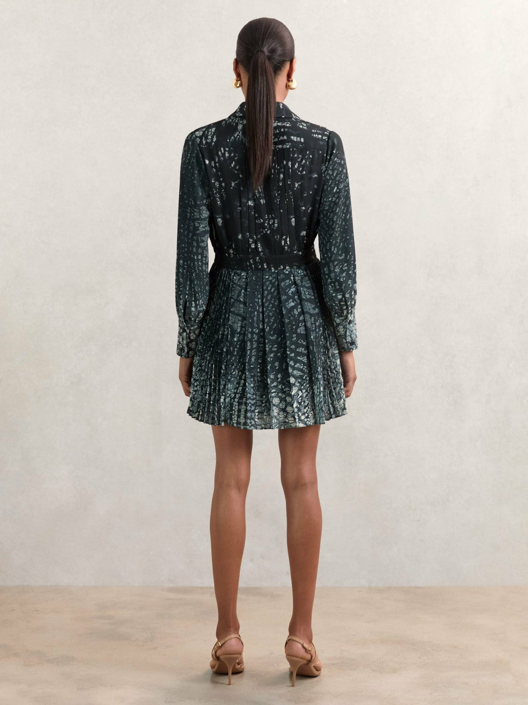 Women Printed Pleated Shirt Dress in Navy