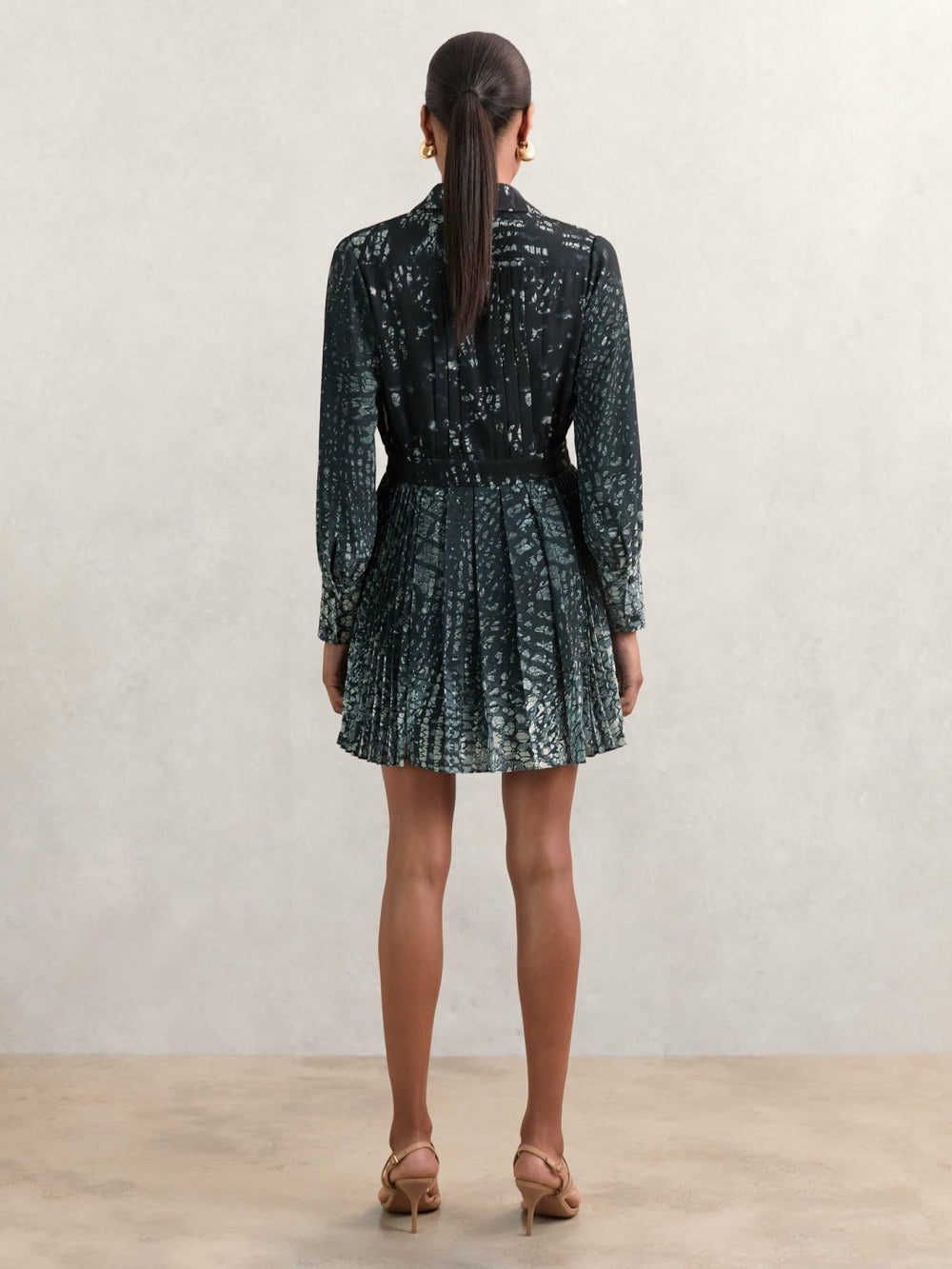 Women Printed Pleated Shirt Dress in Navy