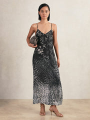 Women Printed Maxi Slip Dress in Navy