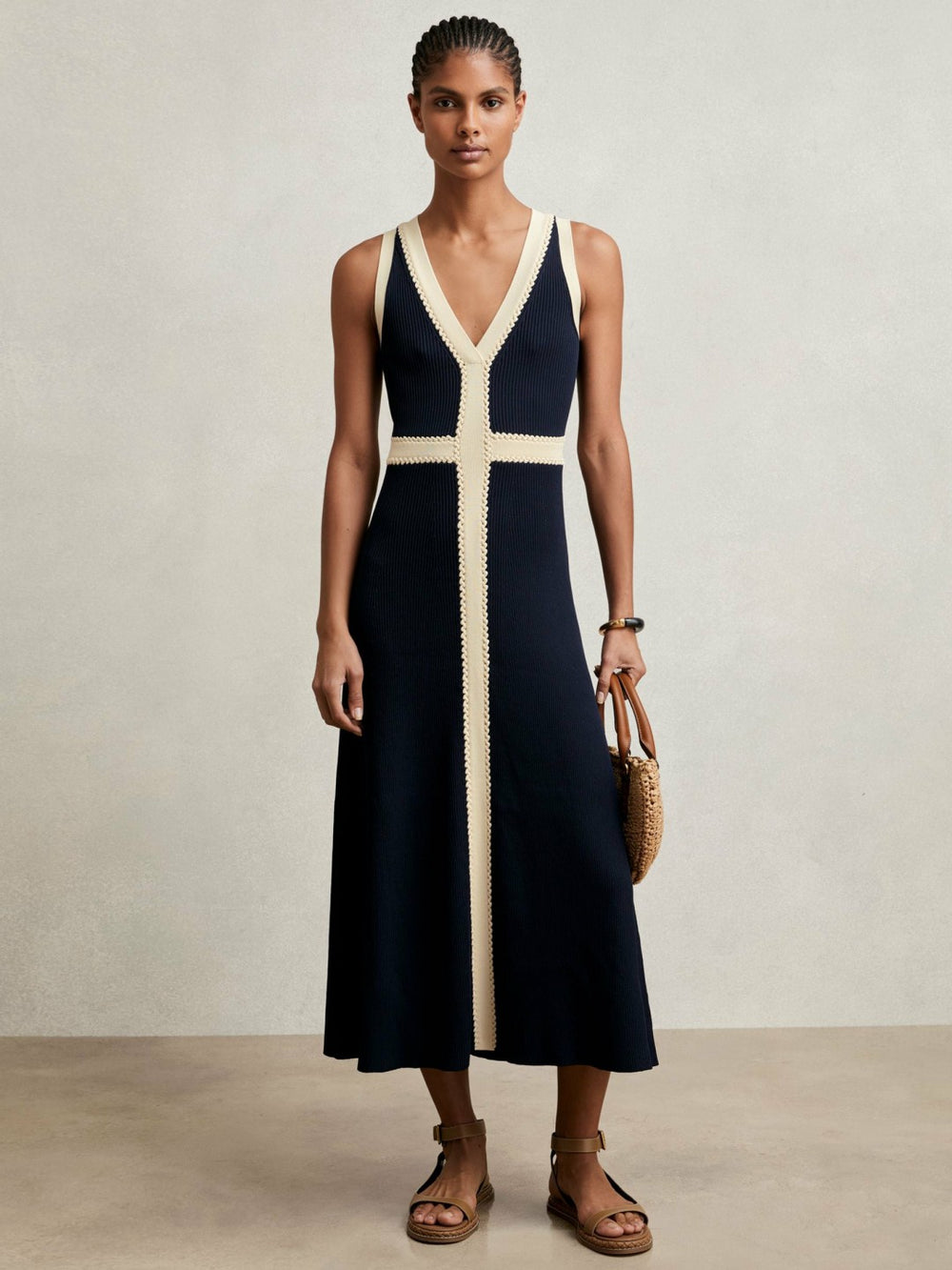 Women Craft-Stitch Knitted Midi Dress in Navy