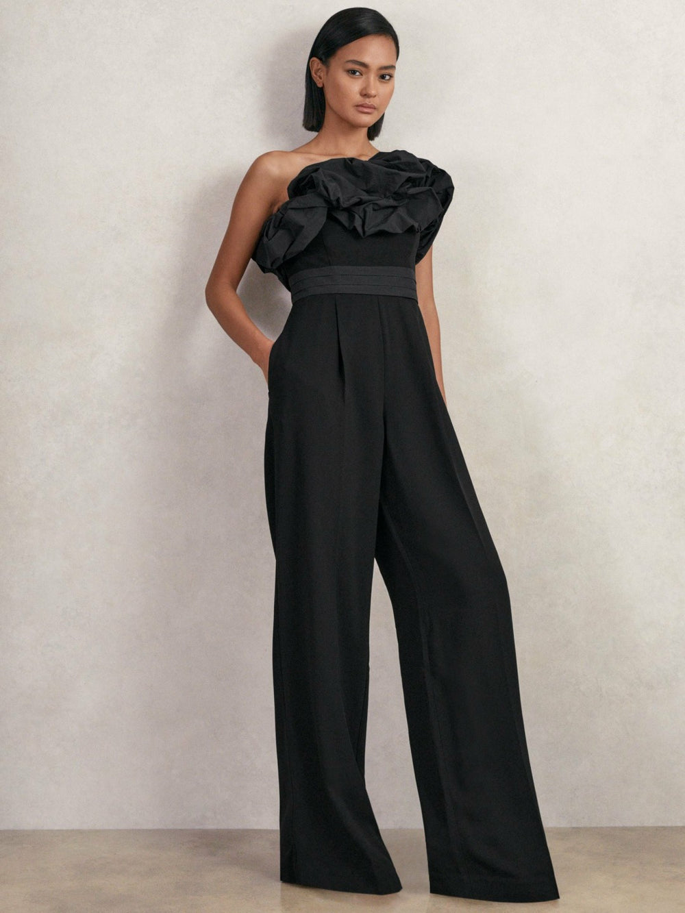 Women Sculptural Strapless Wide-Leg Jumpsuit in Black