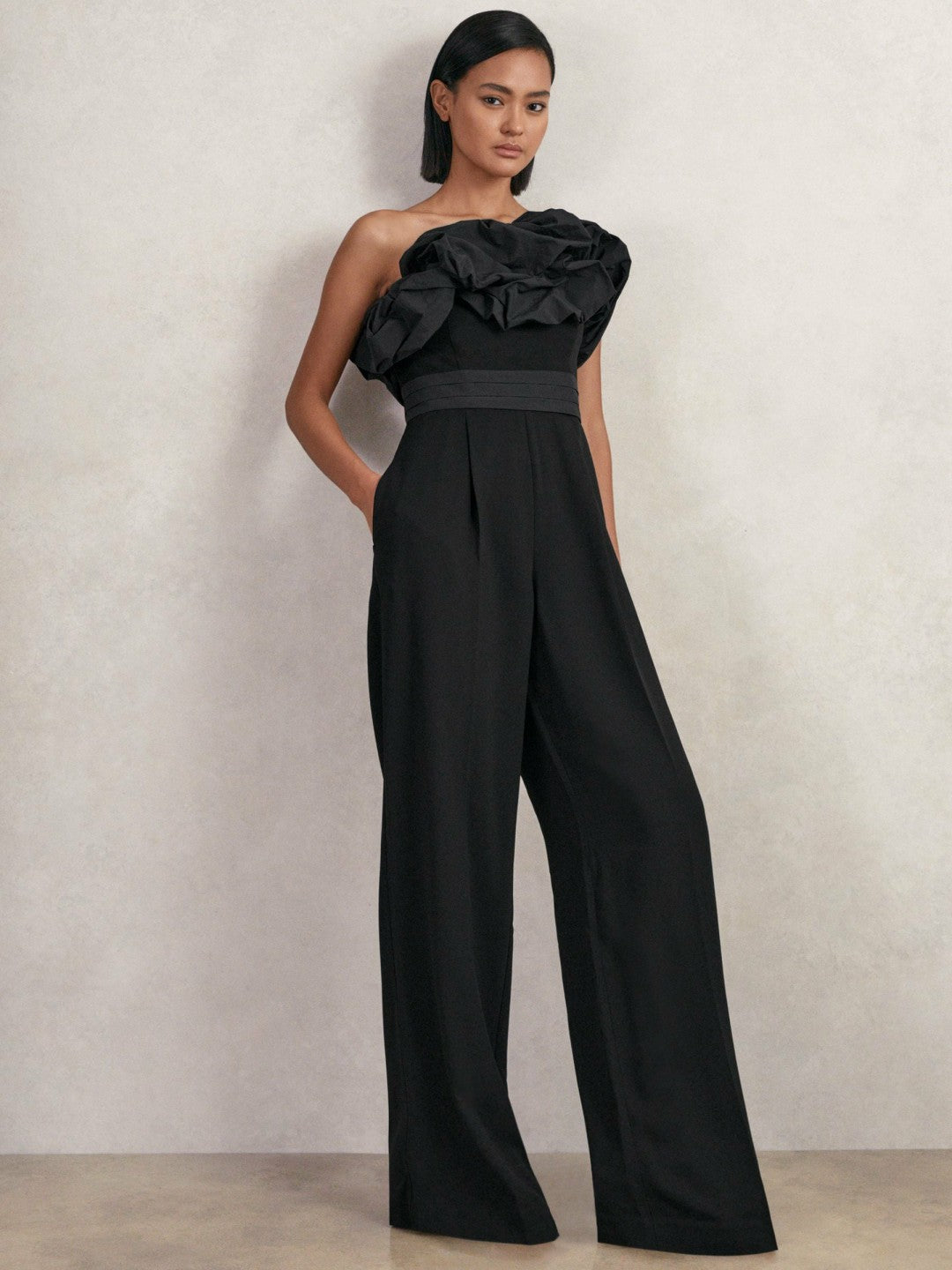 Women Sculptural Strapless Wide-Leg Jumpsuit in Black