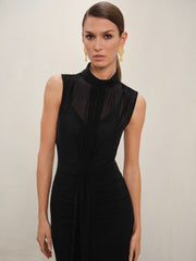 Women Petite Sheer Ruched Maxi Dress in Black
