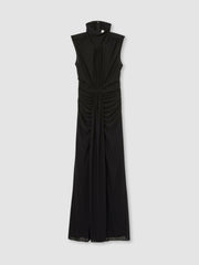 Women Petite Sheer Ruched Maxi Dress in Black