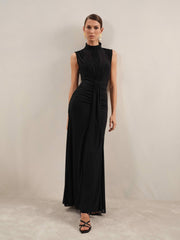 Women Petite Sheer Ruched Maxi Dress in Black