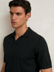 Men Merino Wool Open Collar Polo Shirt in Black