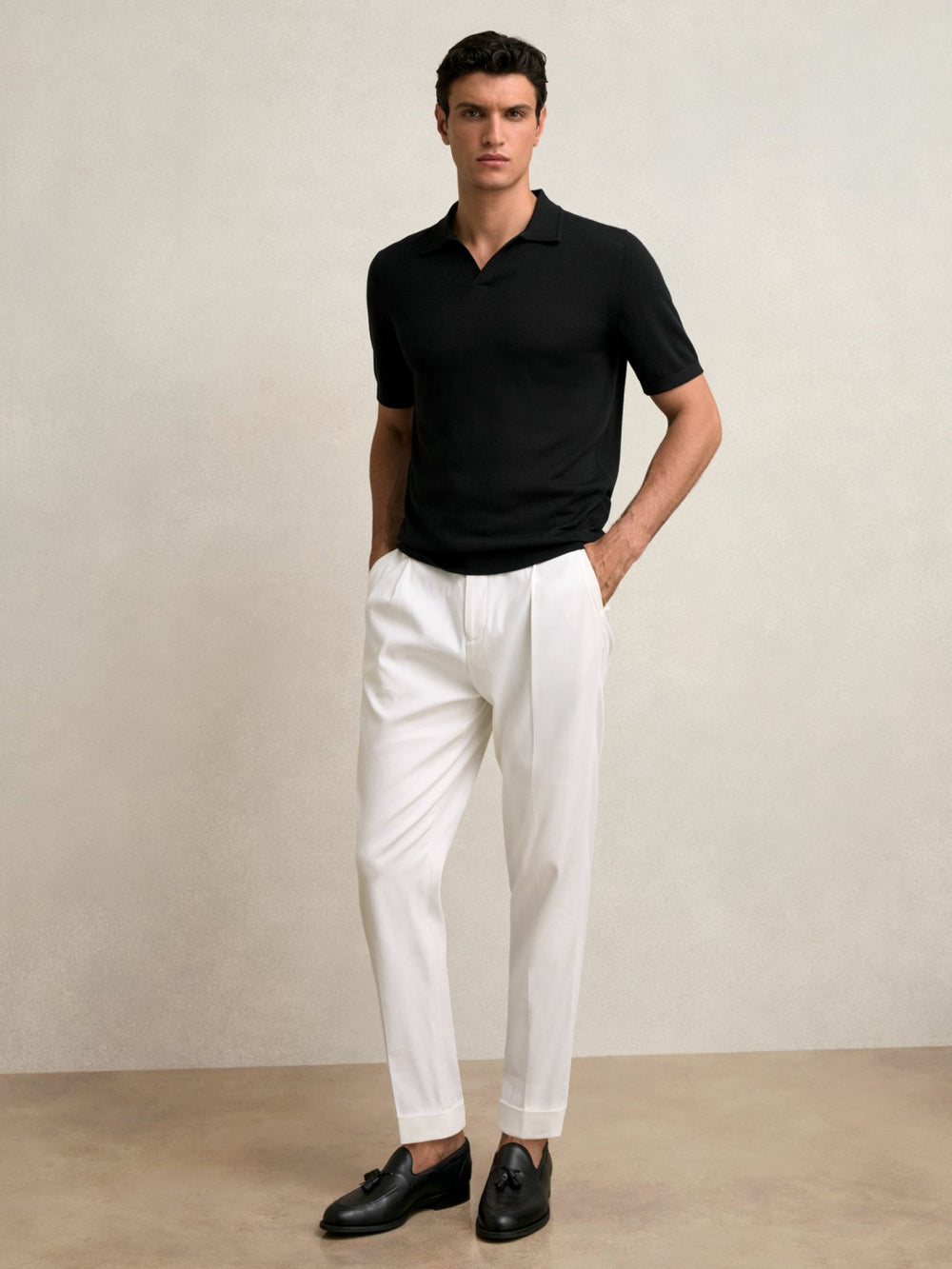 Men Merino Wool Open Collar Polo Shirt in Black