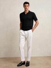 Men Merino Wool Open Collar Polo Shirt in Black