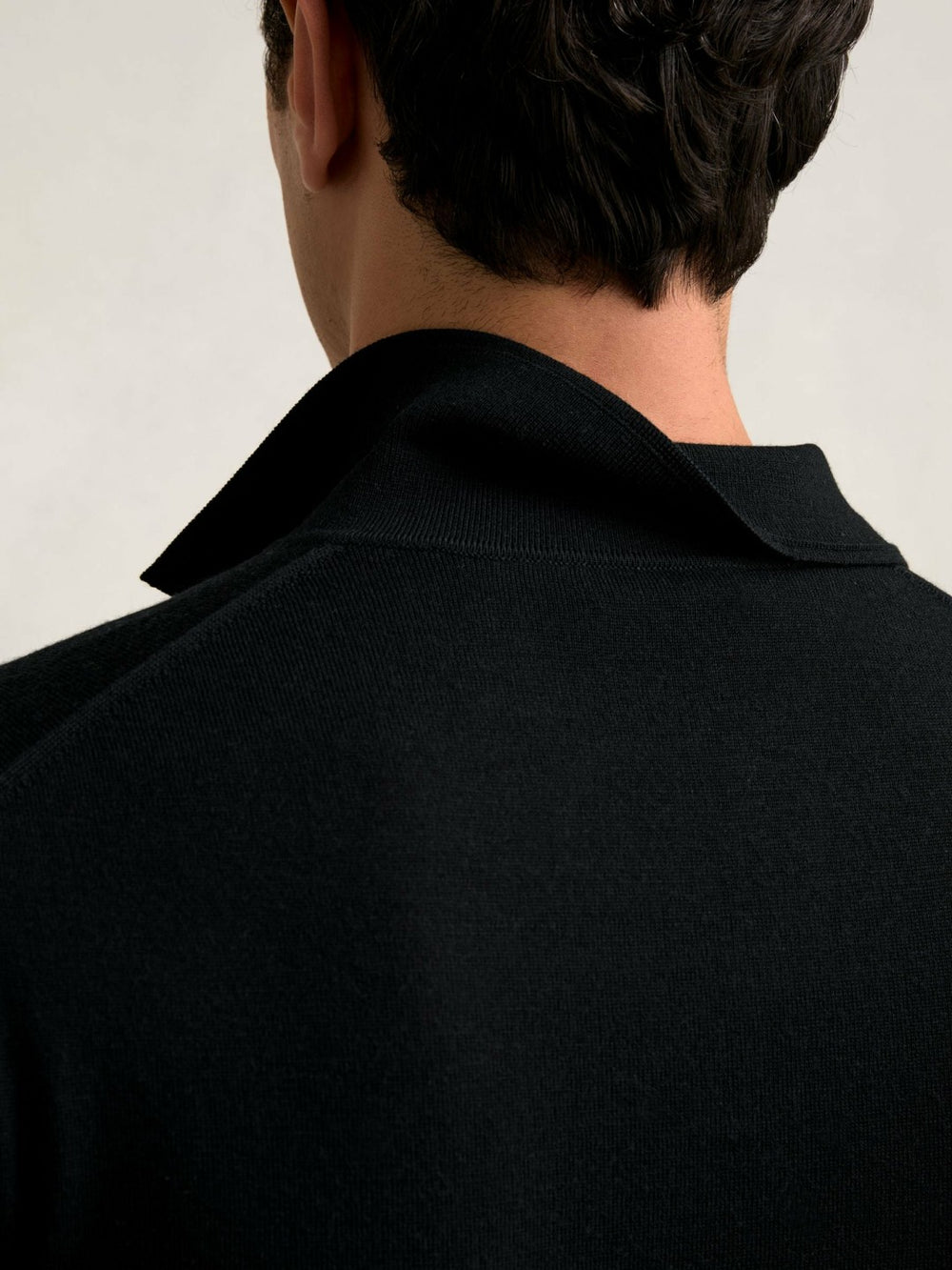 Men Merino Wool Open Collar Polo Shirt in Black