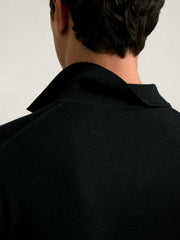 Men Merino Wool Open Collar Polo Shirt in Black