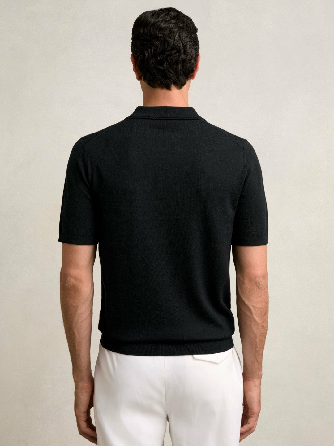 Men Merino Wool Open Collar Polo Shirt in Black