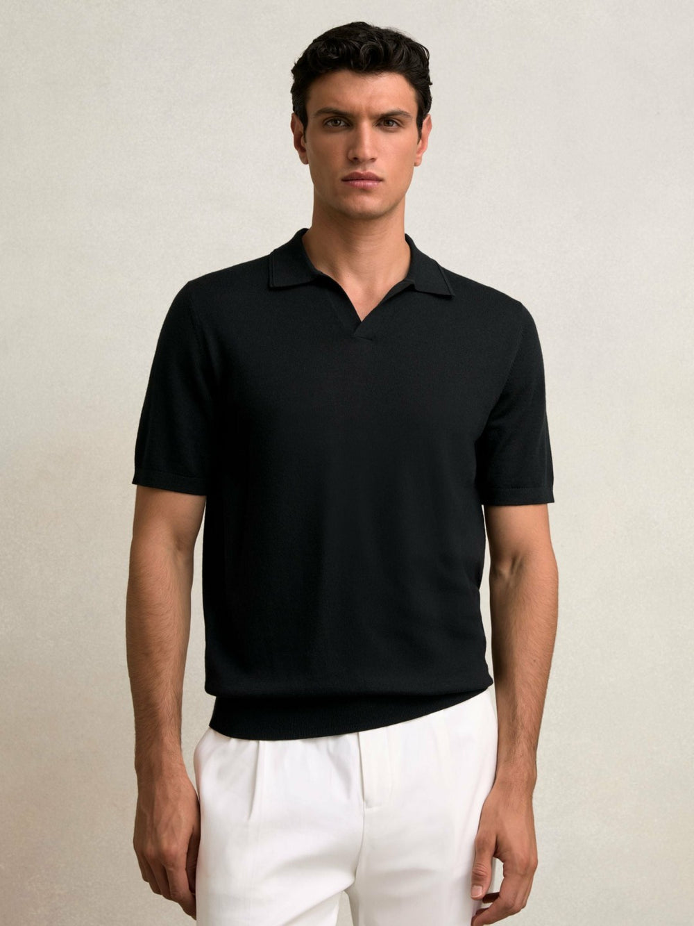 Men Merino Wool Open Collar Polo Shirt in Black