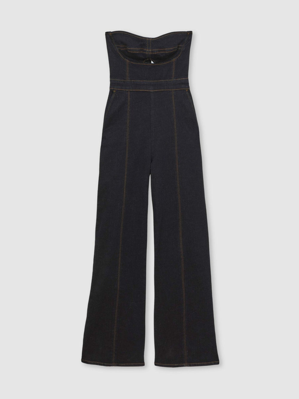 Women Strapless Wide Leg Denim Jumpsuit in Indigo Blue