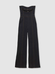 Women Strapless Wide Leg Denim Jumpsuit in Indigo Blue