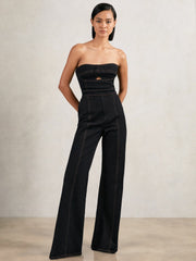 Women Strapless Wide Leg Denim Jumpsuit in Indigo Blue