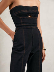 Women Strapless Wide Leg Denim Jumpsuit in Indigo Blue
